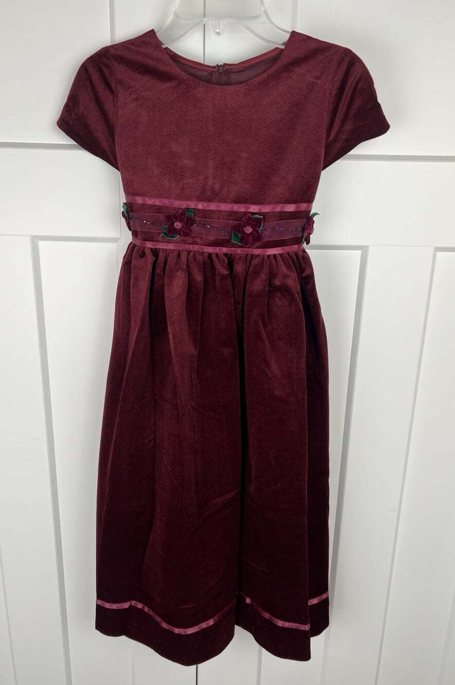 Vintage Bonnie Jean Girls 10 Plum Velvet Floral Applique Holiday Christmas Dress